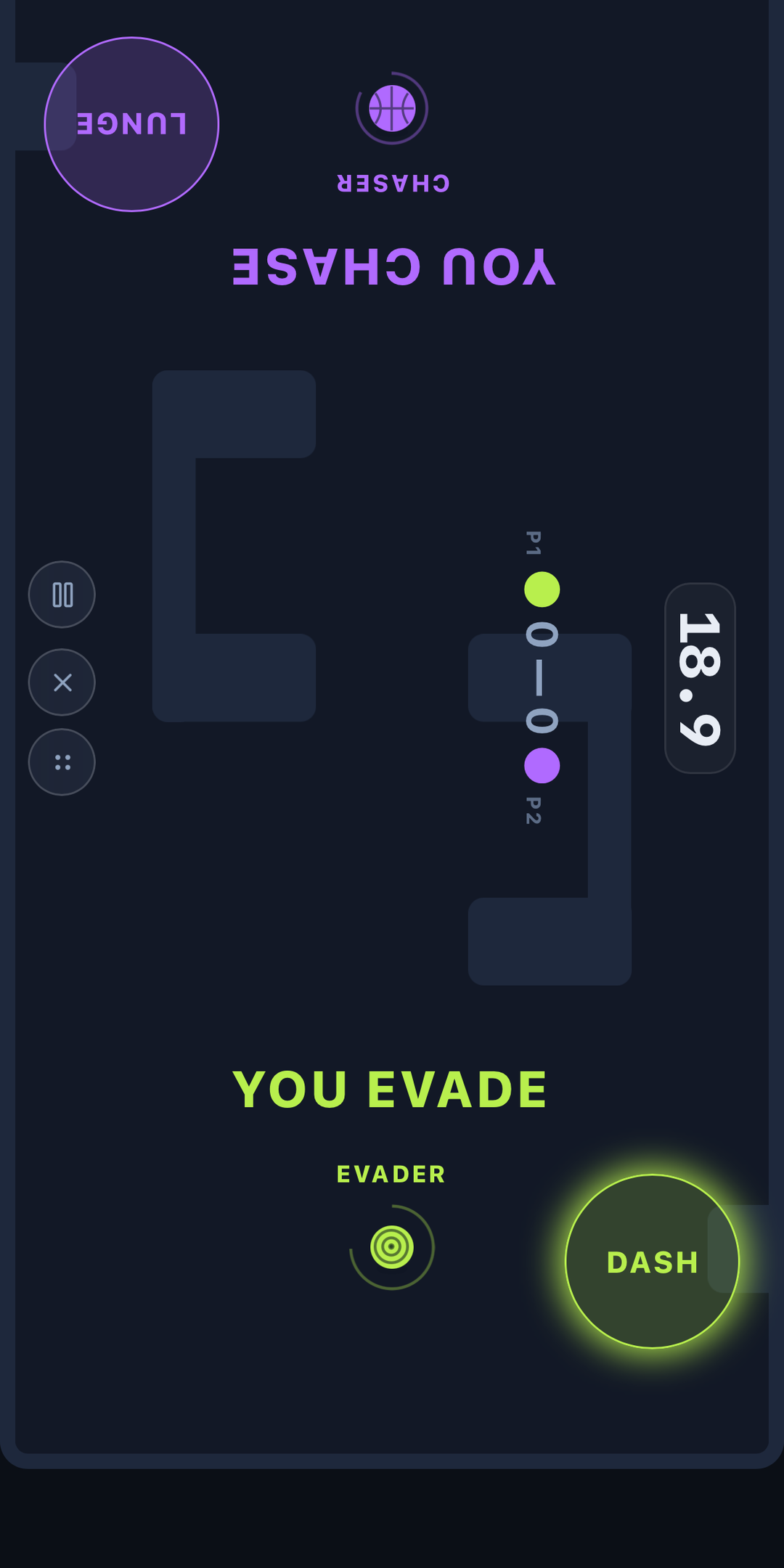 Two players sharing one phone in Quad Chase, the screen split top and bottom with each player's labels facing them.