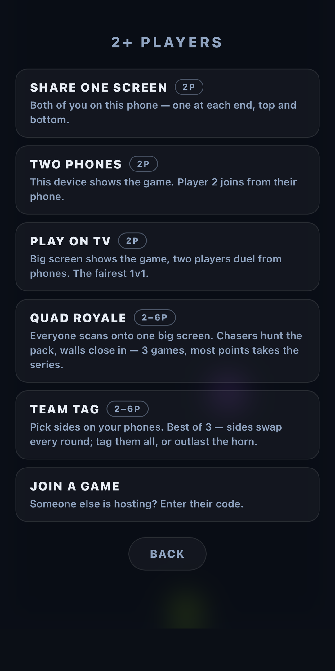 The Quad Chase multiplayer menu listing every way to play with other people.