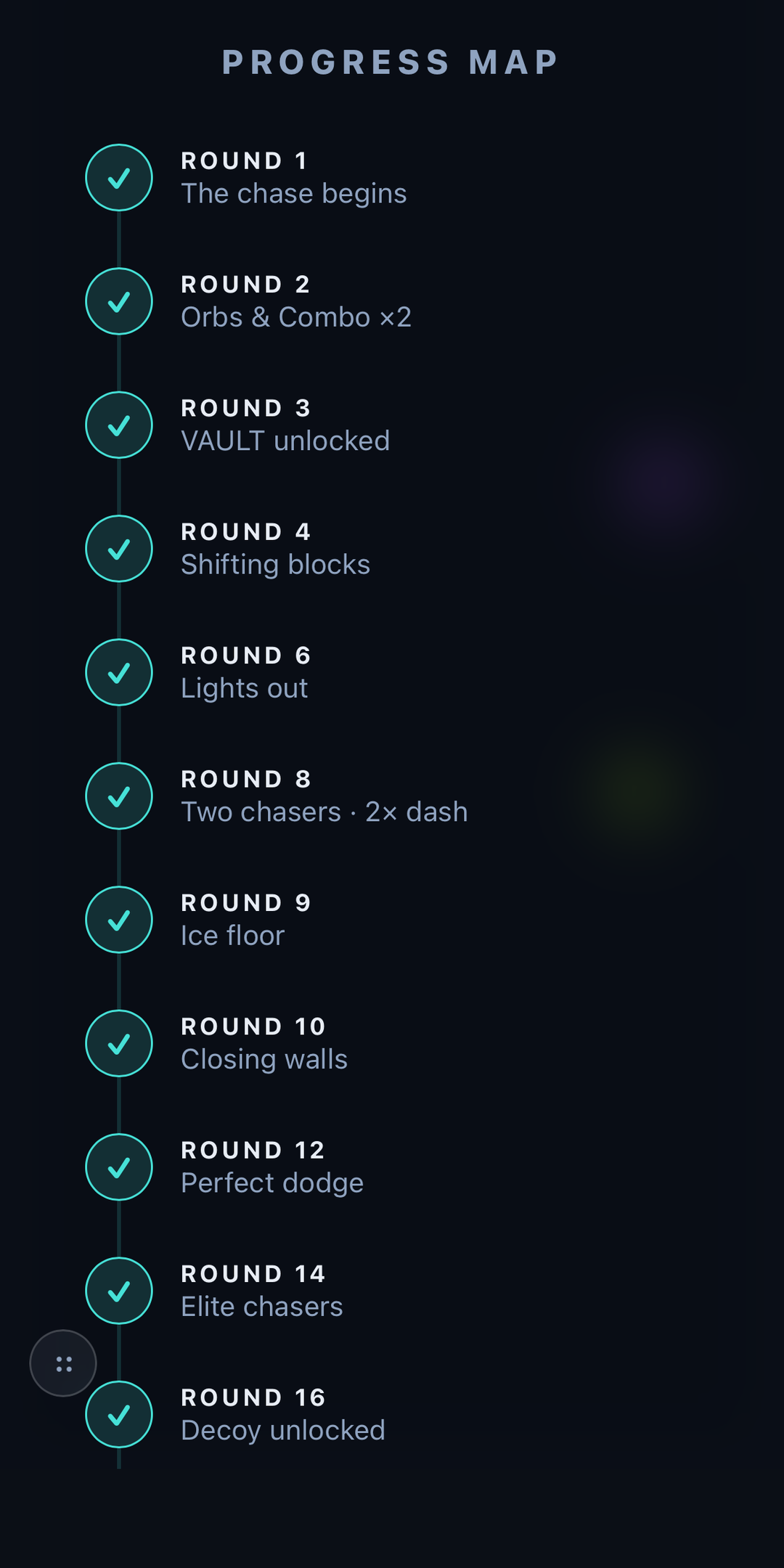 The Quad Chase progress map, a connected ladder of unlocks earned by playing.