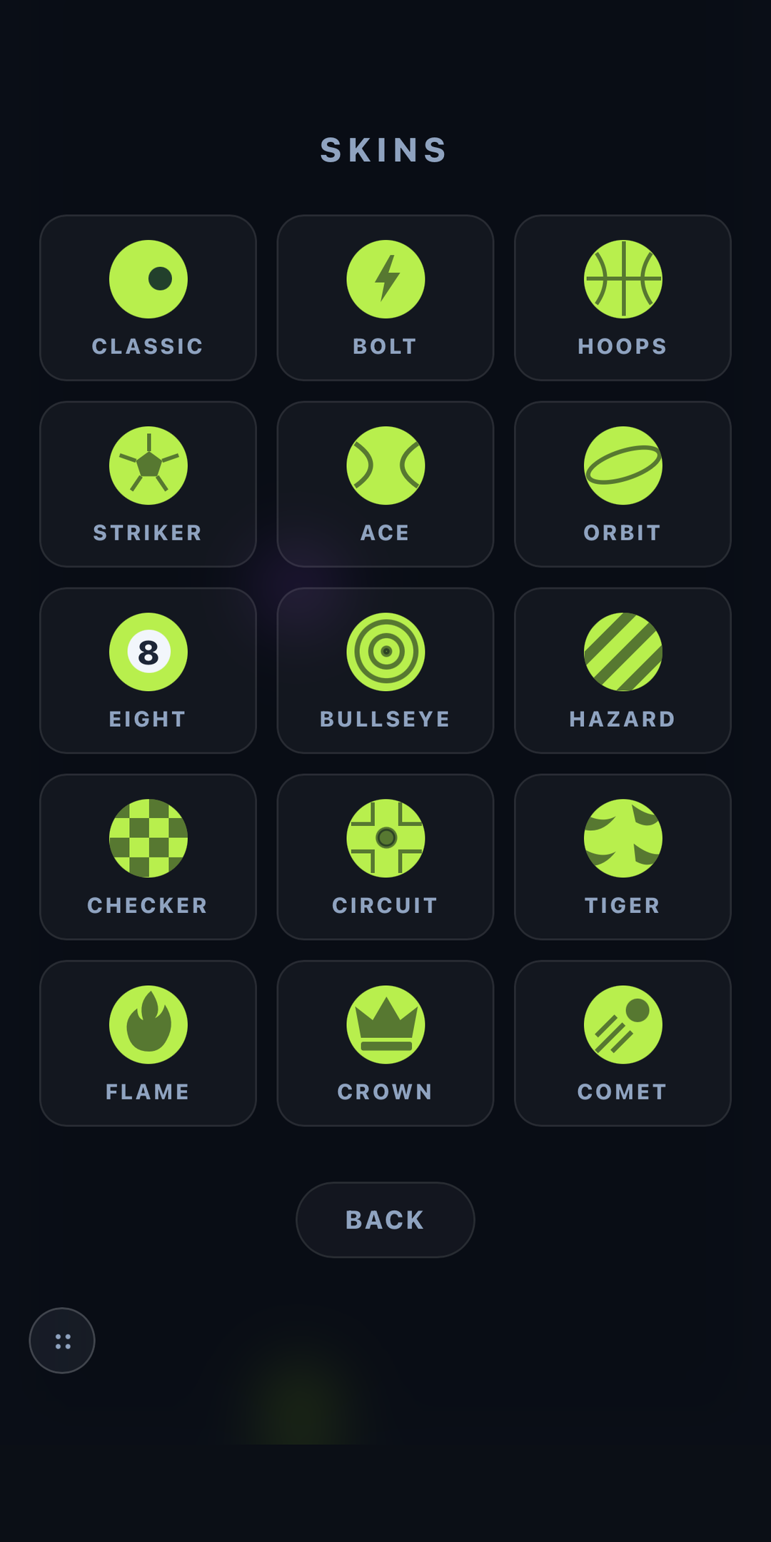 The skins screen showing unlockable disc appearances.
