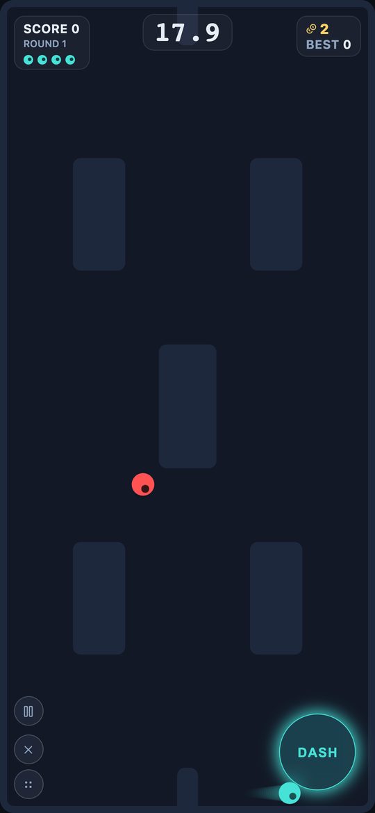 An evader round: the teal disc runs from a red chaser between dark blocks
